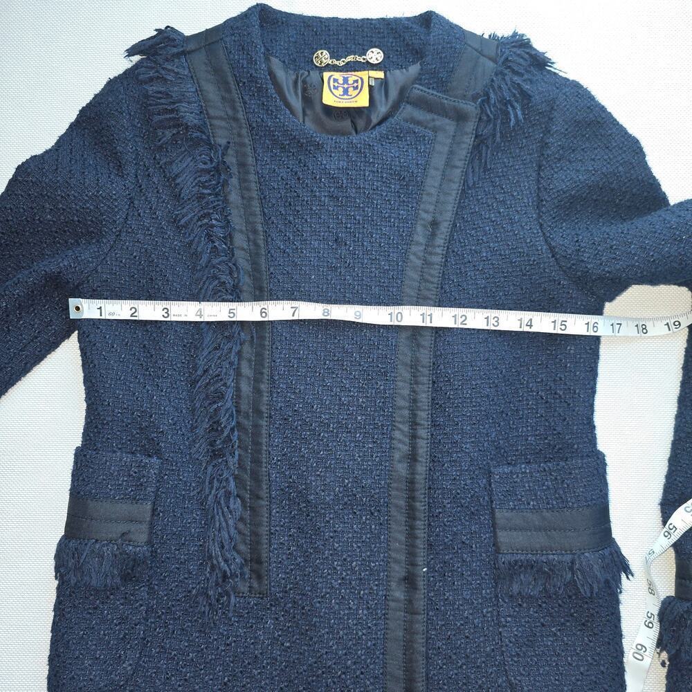 Tory Burch Navy Long Sleeve Tweed Fringe Cross Grain Blazer Sz 4 - Picture 9 of 11